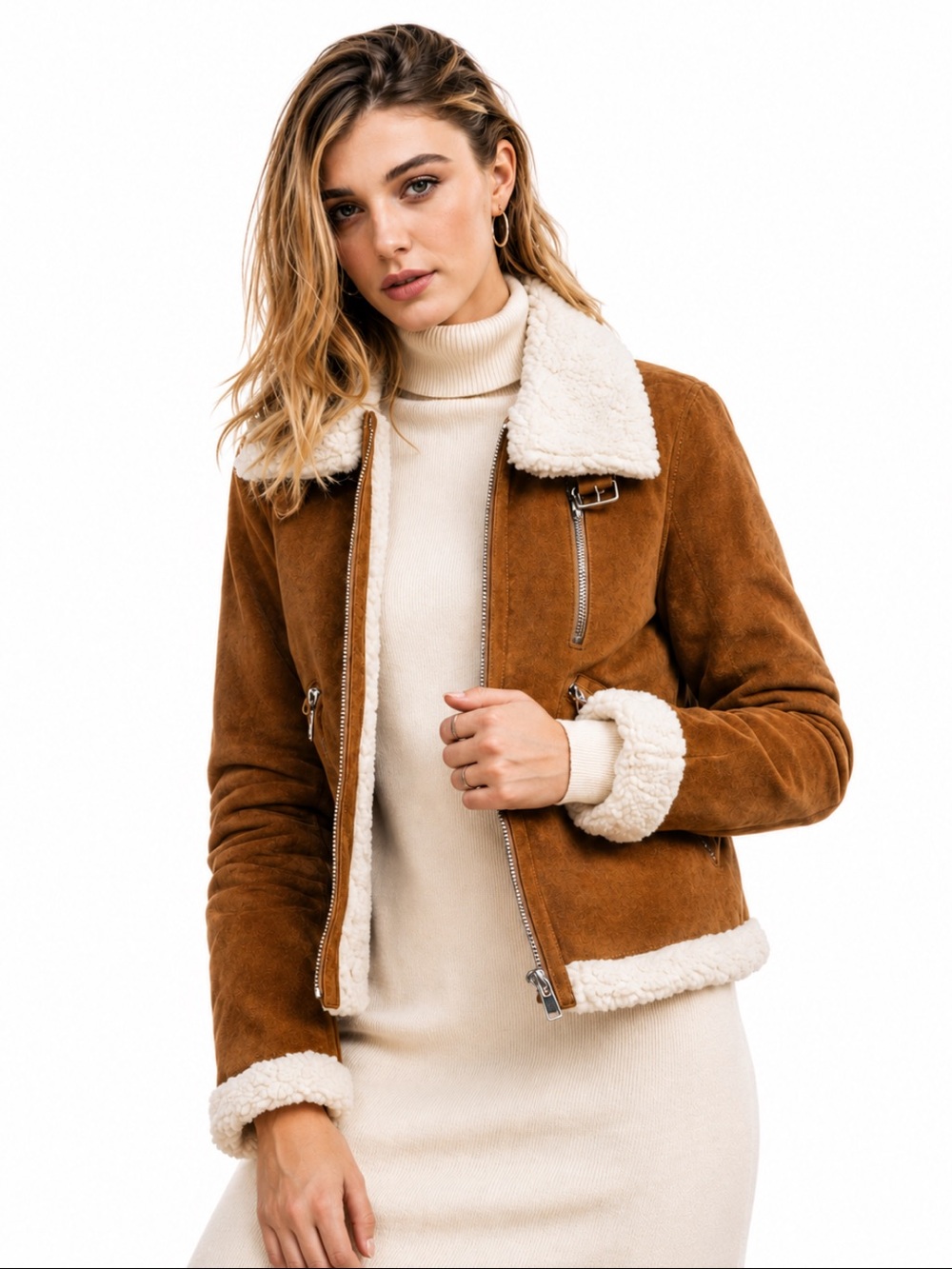 Zara Woman Premium Real Suede Aviator Jacket Faux Shearling Size XS Like New!